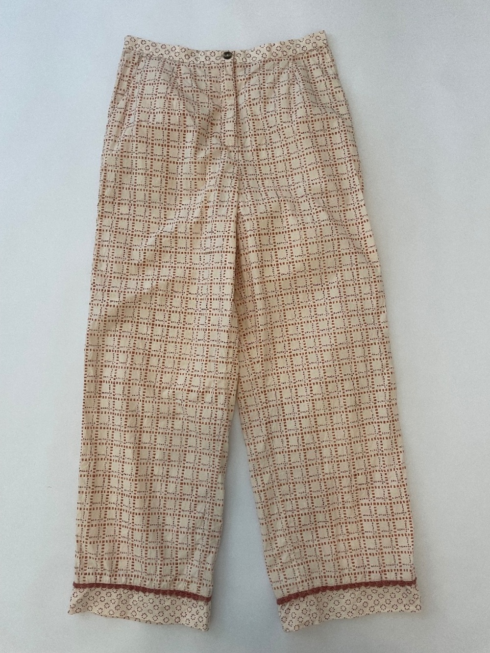 Ciao Lucia Printed Straight Leg 100% Cotton Pants, Pink Brown Boho Women's Small